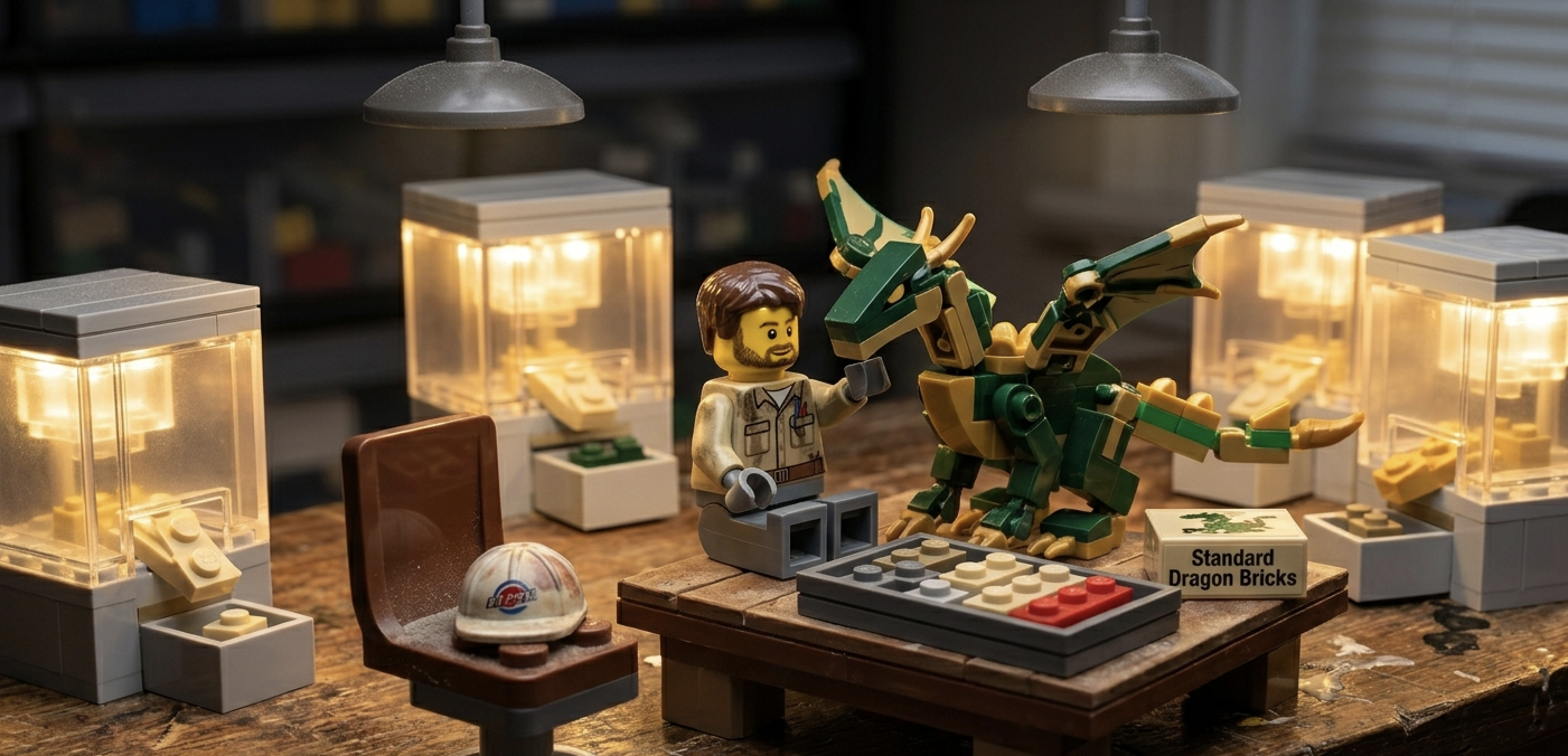 One engineer building a dragon, helped by automated brick machines