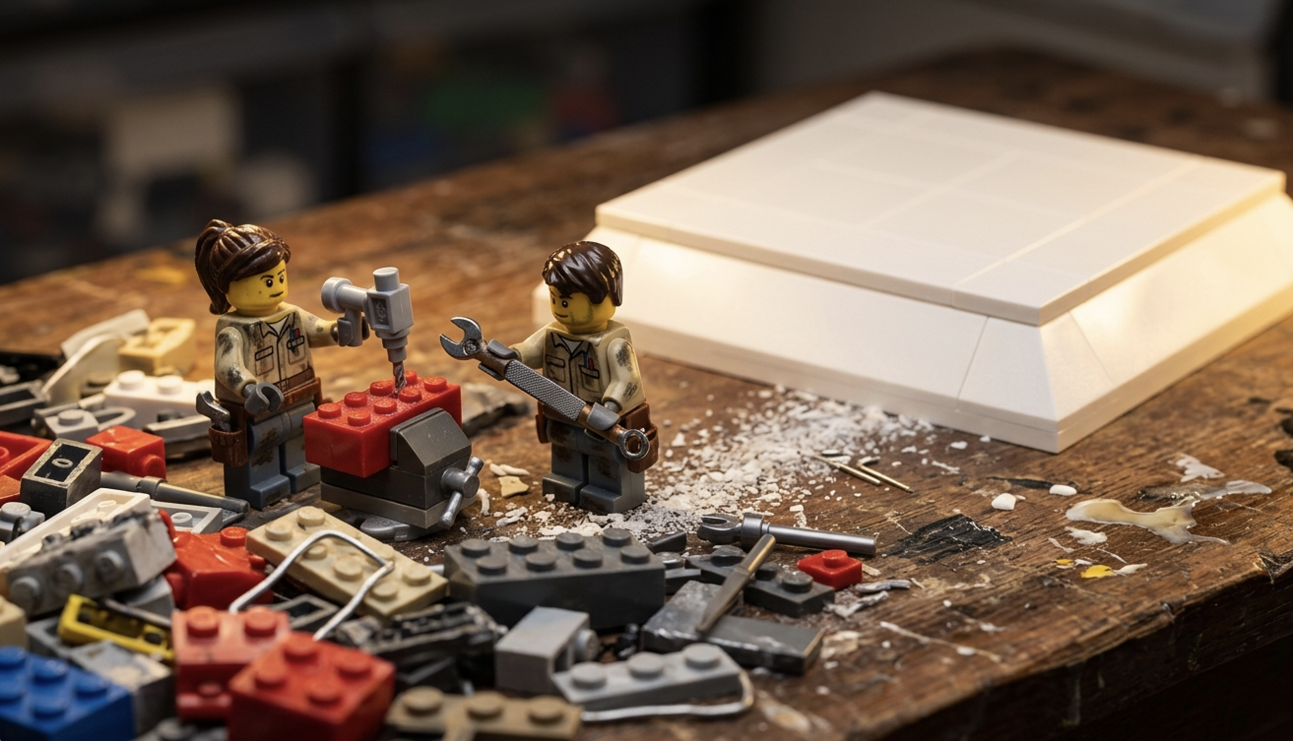 Engineers building messy tools, a polished platform emerging behind them