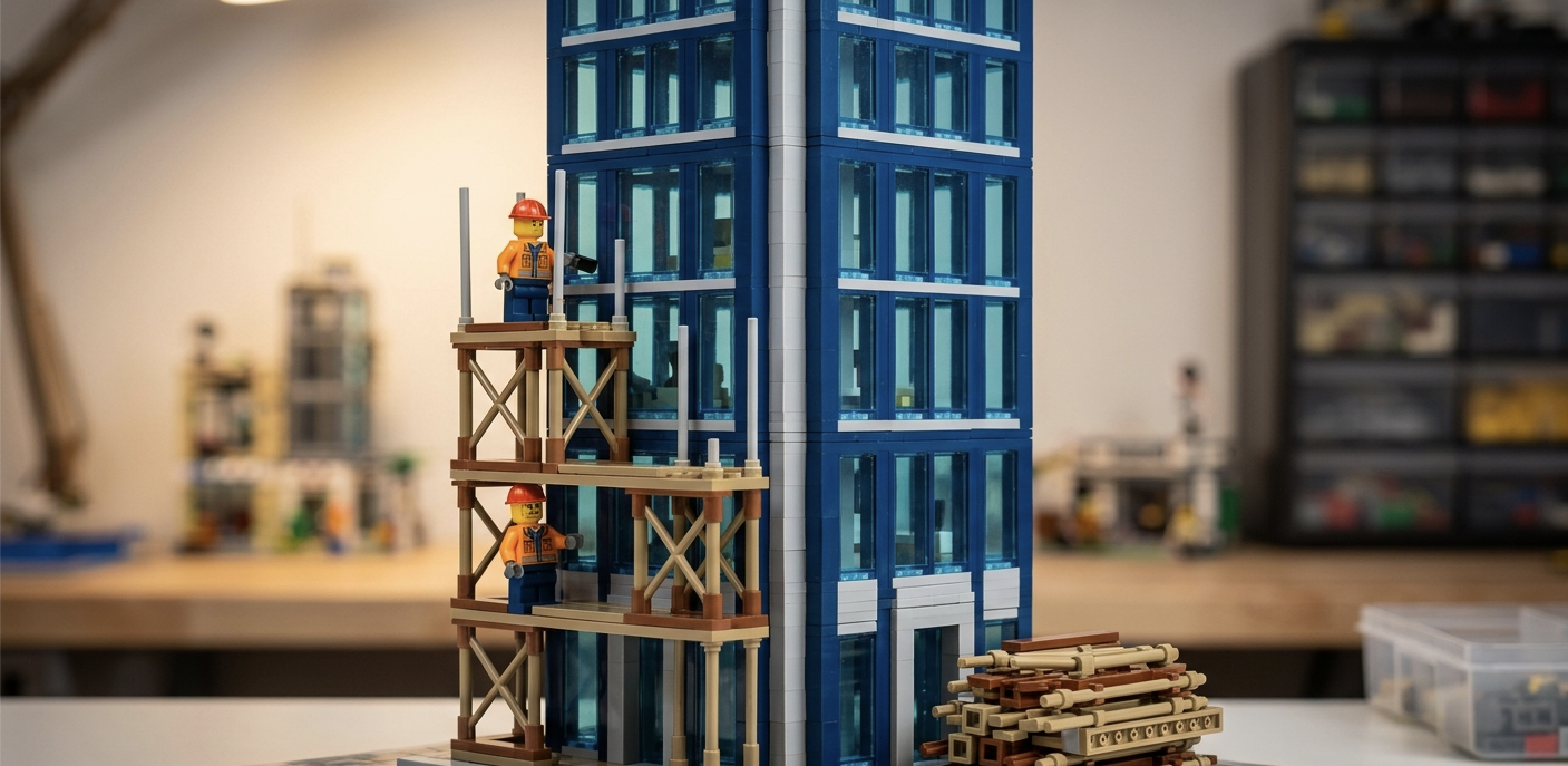 A LEGO tower with its scaffolding being removed