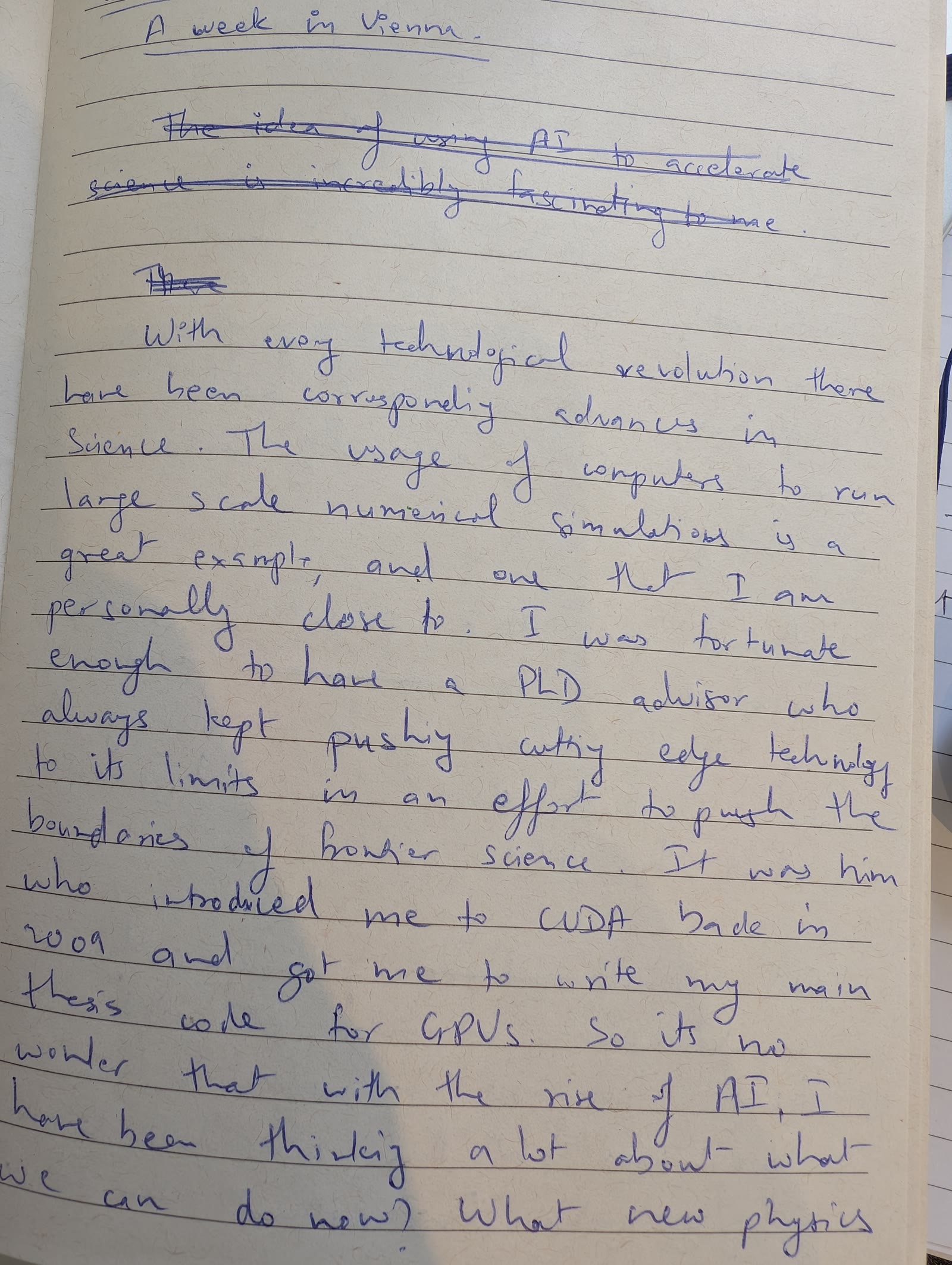 The first handwritten page of A week in Vienna, written in blue ink in a lined notebook
